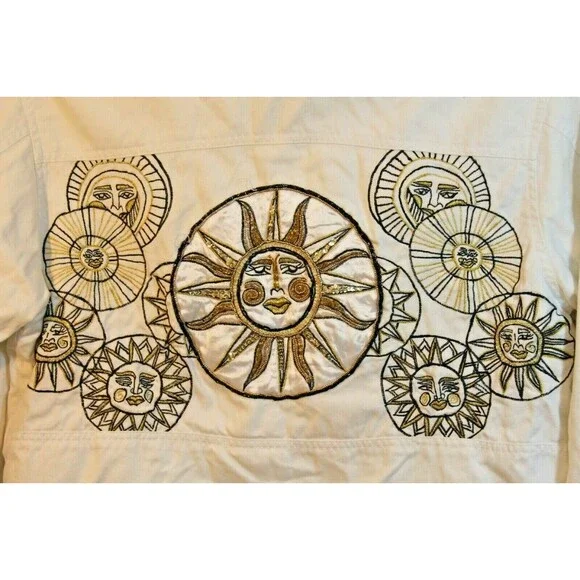 Cedars Jean Jacket Vintage White Denim Lined Starburst Metalic Gold Womens Sz S - Picture 8 of 8